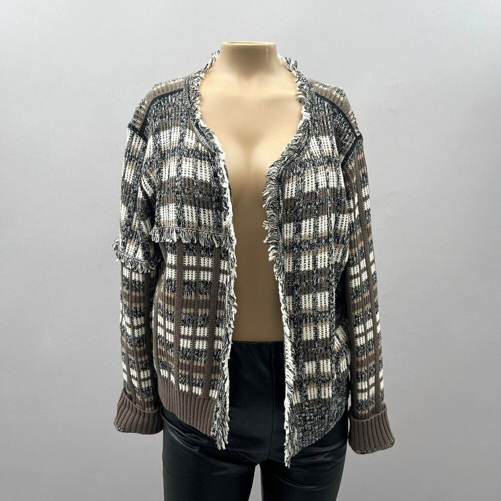 Cabi Plaid Fringe Open Classic Cardigan‎ Sweater #4097 Brown Gray Womens M